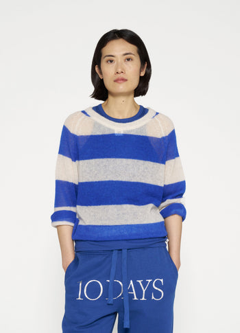 thin knit sweater stripes | ecru/true blue