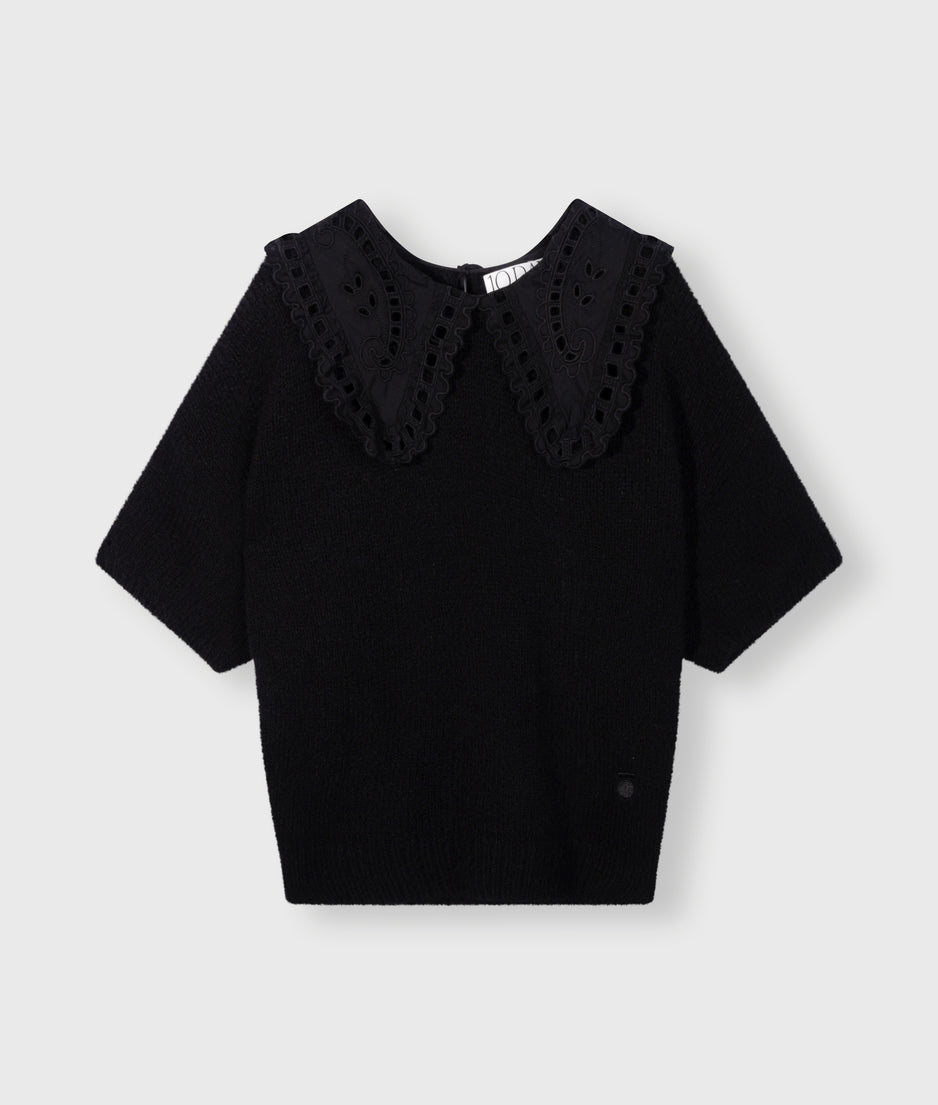 short sleeve ruffle knit sweater | black