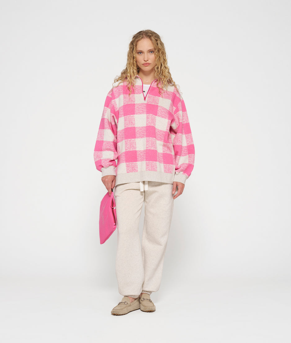 high neck zip sweater check | bright pink