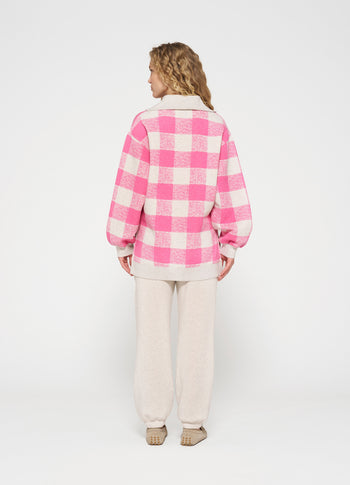 high neck zip sweater check | bright pink