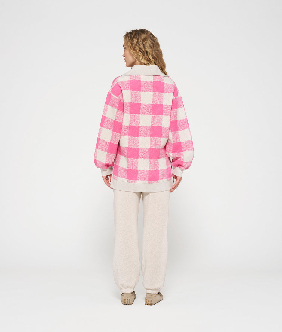 high neck zip sweater check | bright pink